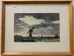 Thurne Mill - Nightfall by John Sutton, watercolour, offered Jul 2022