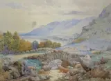 A rural landscape with a mountainous range and two figures in the distance by Lewis Pinhorn Wood, 1890, Wood, sold Jul 2022