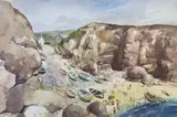 Porthgwarra Beach, Cornwall by James Govier, watercolour, offered Jul 2022
