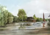 A river scene with boathouse and passing sailboat by Jeremy Barlow, watercolour, offered Jul 2022
