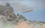 Cliffs and mountain seascape with gannets by Harris Brett, gouache, offered Jul 2022