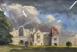 Castle Acre Priory, pen by Mike Thorn, ink and wash, sold Jul 2022