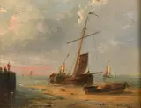 A leeboard barge off a quay at dusk by Gerard Johannes Koekkoek, oil on panel, sold Oct 2023