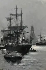 A view of working boats on the Thames by Charles de Lacy, oil on board, sold Oct 2023