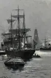 A view of working boats on the Thames by Charles de Lacy, oil on board, sold Oct 2023