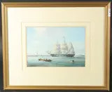 Figures in a rowing boat with a three masted ship and city beyond by Michael Matthews, oil on canvas board, sold Oct 2023