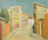 Swedish, figure walking through a Sothern town with buildings in sunshine by Roland Kempe, oil on canvas, sold Oct 2023