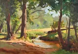 South African, view of a sunlit riverbank through trees by Titta Fasciotti, oil on board, sold Oct 2023