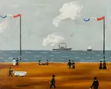 Figures on a beach with a paddle steamer beyond and two French by Margaret Chapman, oil on canvas, sold Oct 2023