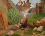 Figure washing clothes in an Alpine village by Robert Morson Hughes, oil on panel, sold Oct 2023