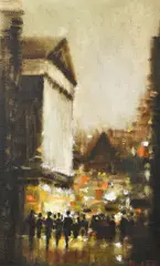 Figures gathered outside the Royal Opera House, Covent Garden by Anthony Robert Klitz, oil on canvas, sold Oct 2023