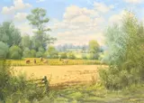 Old wooden gate and small fields, Wiltshire by Mervyn Goode, oil on canvas, sold Oct 2023