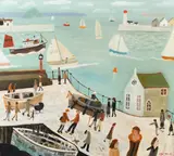 British, Figures on a walkway next to the sea and sailing boats inside the harbour wall by Alan Furneaux, oil on canvas, sold Oct 2023