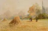 Harvesting' scene of figures in a field by George Oyston, 1893, watercolour, offered Oct 2023
