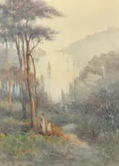 Female figures on a valley path above Polperro by Herbert E. Butler, watercolour, sold Oct 2023