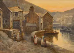 Figures conversing on a stone quay in a Cornish fishing village by Herbert E. Butler, watercolour, sold Oct 2023