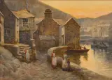 Figures conversing on a stone quay in a Cornish fishing village by Herbert E. Butler, watercolour, sold Oct 2023