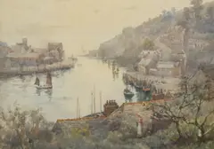 Figures gathered on a quay in a Cornish fishing village by Herbert E. Butler, watercolour, sold Oct 2023