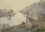 Figures gathered on a quay in a Cornish fishing village by Herbert E. Butler, watercolour, sold Oct 2023