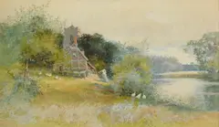 Female figure working the land by a riverside cottage with ducks by Thomas Mackay, watercolour, sold Oct 2023