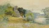Female figure working the land by a riverside cottage with ducks by Thomas Mackay, watercolour, sold Oct 2023