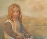 A young girl making daisy chains in an open landscape with by Robert Preston Macgowan, watercolour, sold Oct 2023