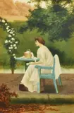 A female figure with a basket of white roses by Herbert Blande Sparks, watercolour, sold Oct 2023