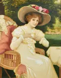 An elegant female in a flower adorned hat taking tea in a garden by Herbert Blande Sparks, watercolour, sold Oct 2023