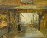 Figures walking in Shepherd's market by Philip Eustace Stretton, watercolour and gouache, sold Oct 2023
