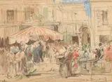 Figures in a busy Continental marketplace by William Lee Hankey, watercolour, sold Oct 2023