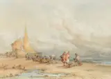 British, A pair of beach scenes with figures, 'Snettisham Beach, Norfolk and The Shrimpers, Harlech, N by F.W. Hattersley, watercolor, sold Oct 2023