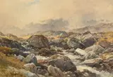 British, A view of large boulders either side of a stream in a hilly landscape by J. Syer, watercolour, sold Oct 2023