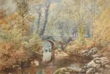 A river scene with a stone bridge and a figure, large rocks and trees either side on the banks by E. Salter, 1879, watercolour, sold Oct 2023