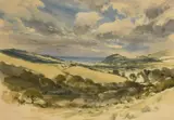 An extensive rural landscape looking towards the sea with sheep in the fields by Keith Andrew, 1986, watercolour, sold Oct 2023