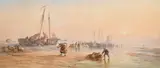 Figures collecting items from beached boats at dusk by Alfred Herbert, 1860, watercolour, sold Oct 2023