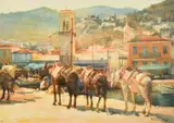 A Continental harbour scene with donkeys by Dick Hart, watercolour, sold Oct 2023