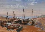 Moored sailing boats in an inlet with men working, thought to be at Portencross, Ayrshire by Frederick Alsop, watercolour, sold Oct 2023