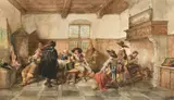 Dutch, An interior scene with a gathering of cavaliers relaxing and chatting by Hermanus ten Kate, watercolour, sold Oct 2023