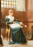 A female figure reading her book in a parlour by Charles Gogin, 1876, watercolour, sold Oct 2023