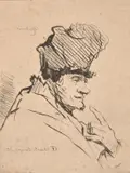 German, After Rembrandt, a head study, engraving, plate size 3.5" x 2.75" (9 x 7cm), unframed by Georg Friedrich Schmidt, engraving, offered Oct 2023