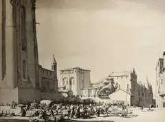 The Goose Fair, Albi by Malcolm Osborne, etching, sold Oct 2023