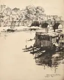Houseboats in the River Seine by Eugène Béjot, etching, sold Oct 2023