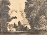 A landscape with changing skies by Julius Komjáti, etching, offered Oct 2023
