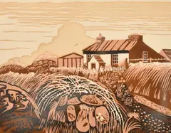 Farm Near St David's Head I by John Stops, 1981, linocut, offered Oct 2023