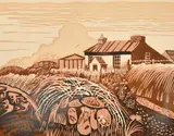 Farm Near St David's Head I by John Stops, 1981, linocut, offered Oct 2023