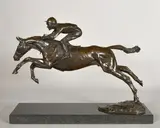 A patinated bronze figure of a horse and jockey jumping by Priscilla Hann, 1988, bronze, sold Oct 2023