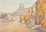 A village view with a castle ruin on a hilltop beyond by Albert E. Hayes, watercolor, offered Oct 2023