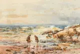 A rugged coastal scene with two children playing with toy boats by John Blair, 1894, watercolour, offered Oct 2023