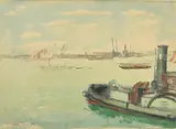 A river scene with a steamboat and other shipping by William Dring, 1935, watercolour, offered Oct 2023
