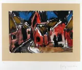 Colour print - figure seated in village with church by Josef Herman limited edition, print, sold Dec 2020